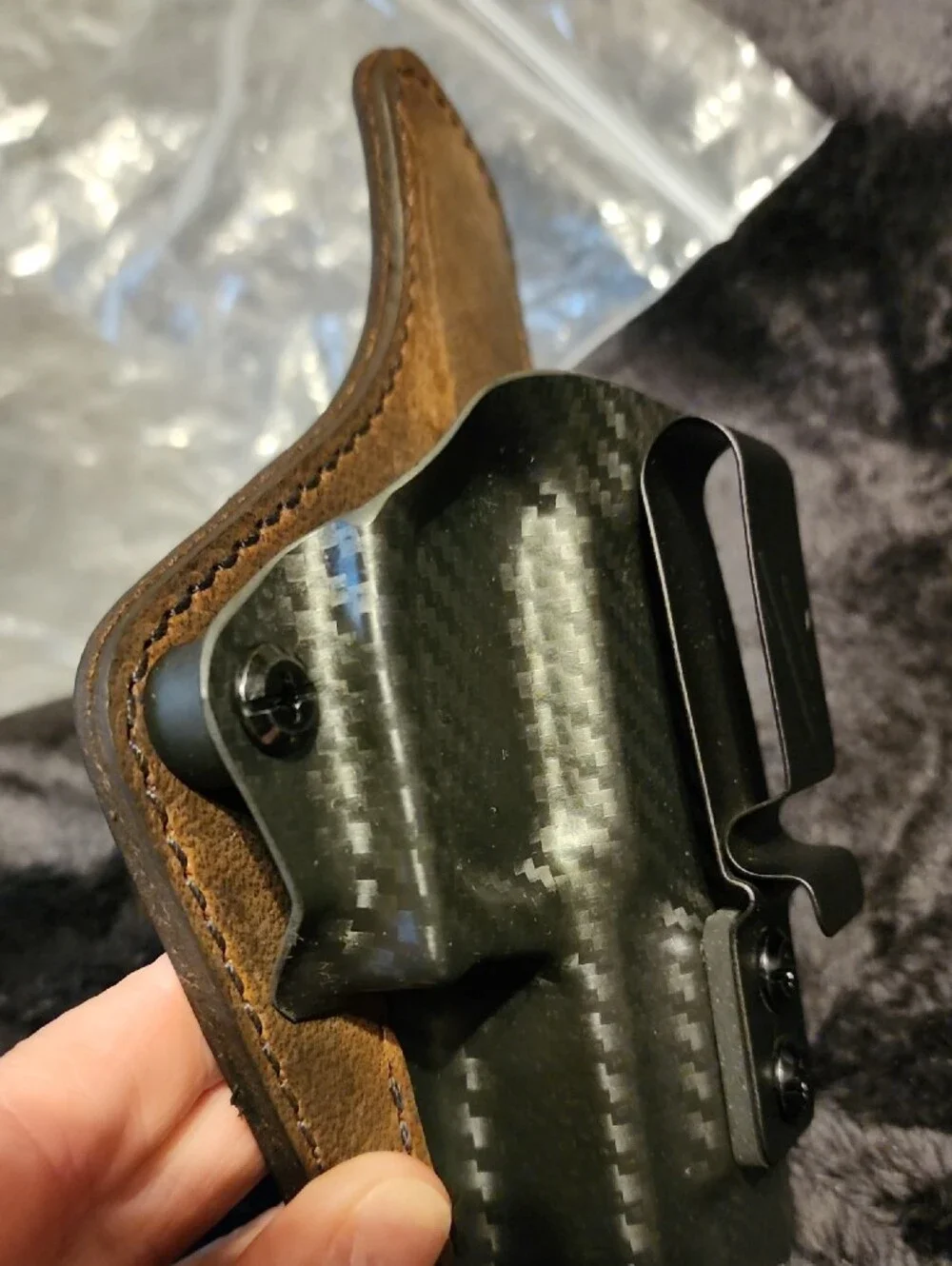 Carbon Fiber Pattern Black /Accessory GUN Holster with Brown Leather Back (NWT(